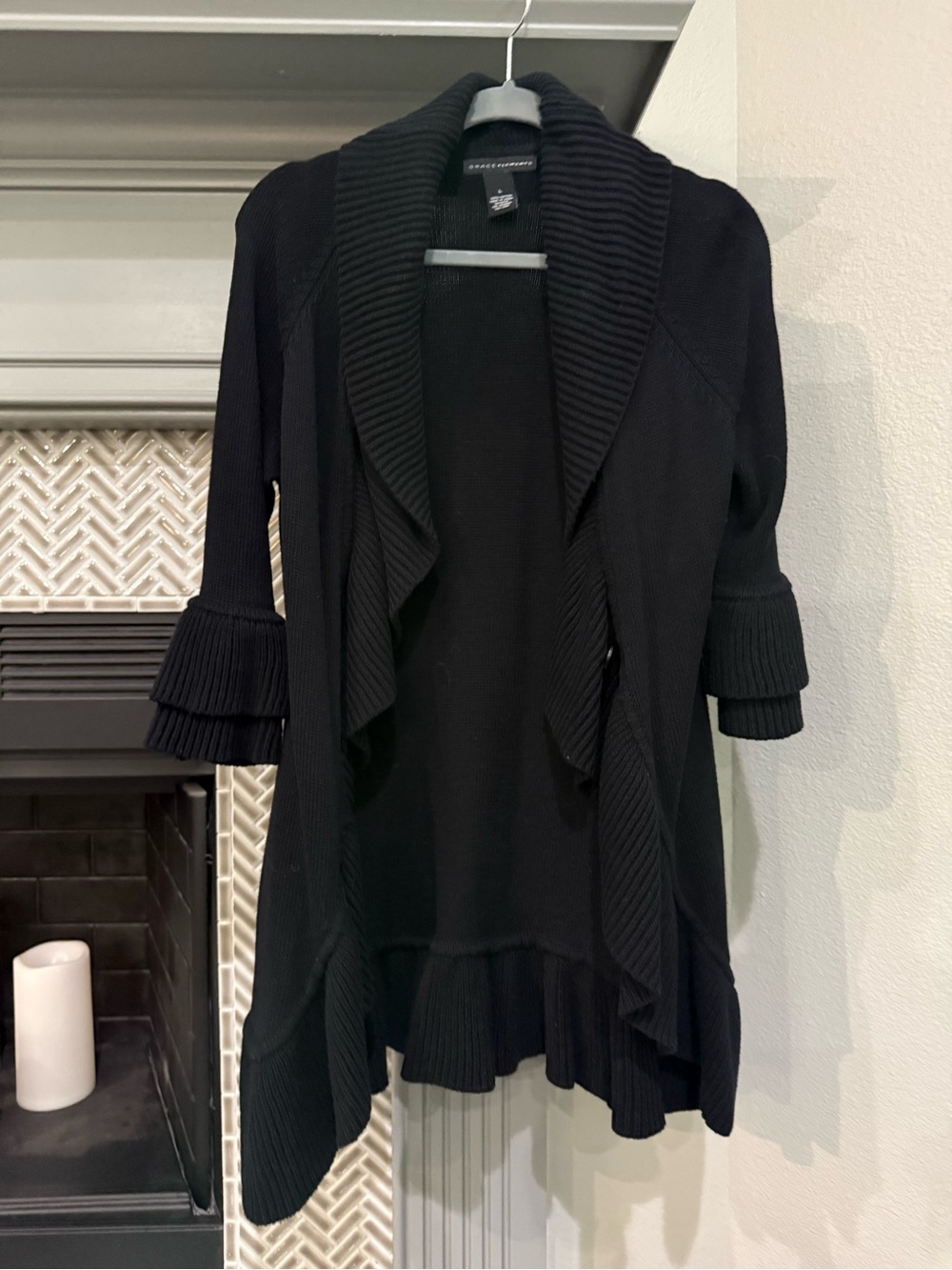 Grace Elements Black Open-Front Ruffle-Trim Cardigan